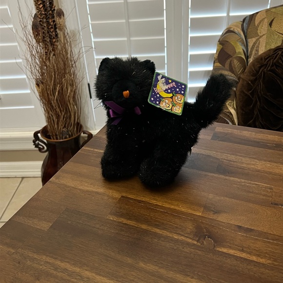 Halloween Black Cat Plush Stuffed Animal Purple Bow Rainbow Metallic Vintage - Picture 6 of 6
